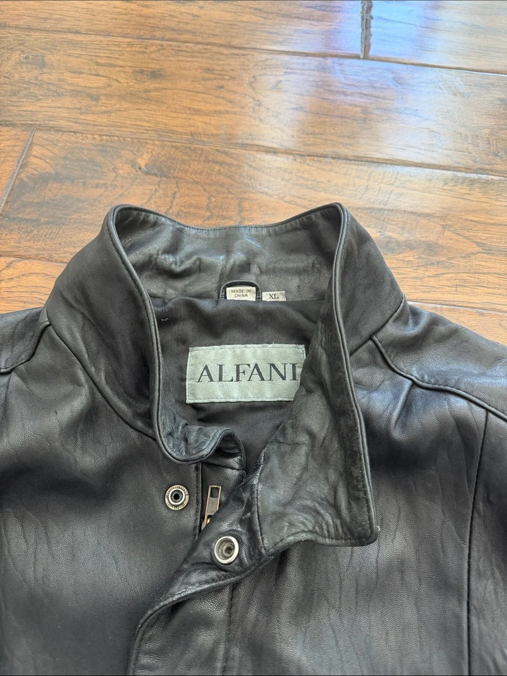 Alfani Black Leather Bomber Jacket with Snap Collar